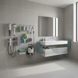 Modern grey bathroom showing organized cleaning equipment on wall racks beside a white floating sink