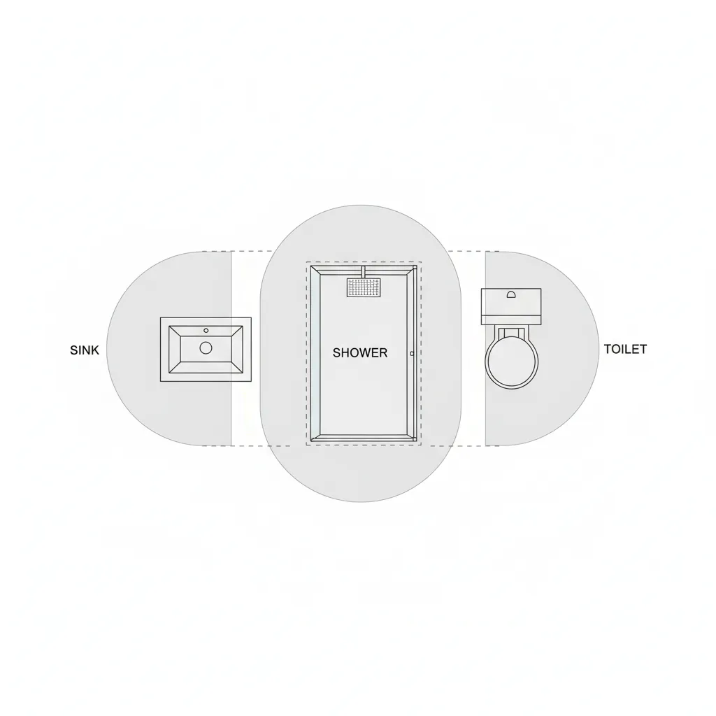 Bathroom clearance diagram showing spacing around toilet sink and shower
