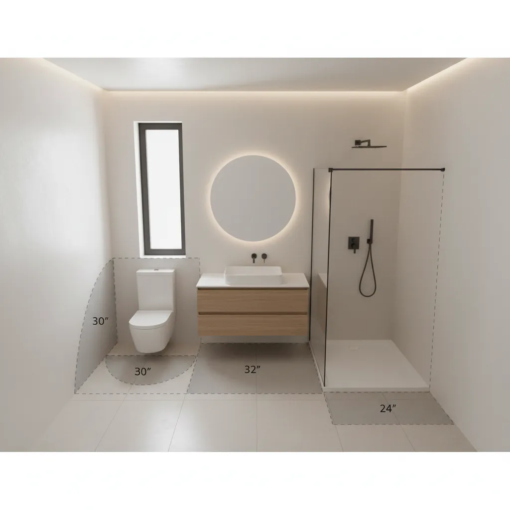 bathroom clearance zones around toilet vanity and shower in small bathroom