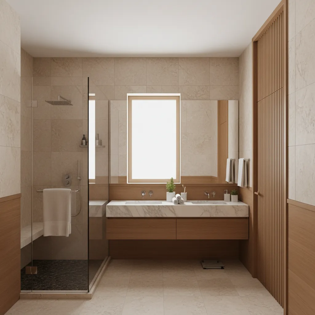 master bathroom with small closet entrance beside vanity