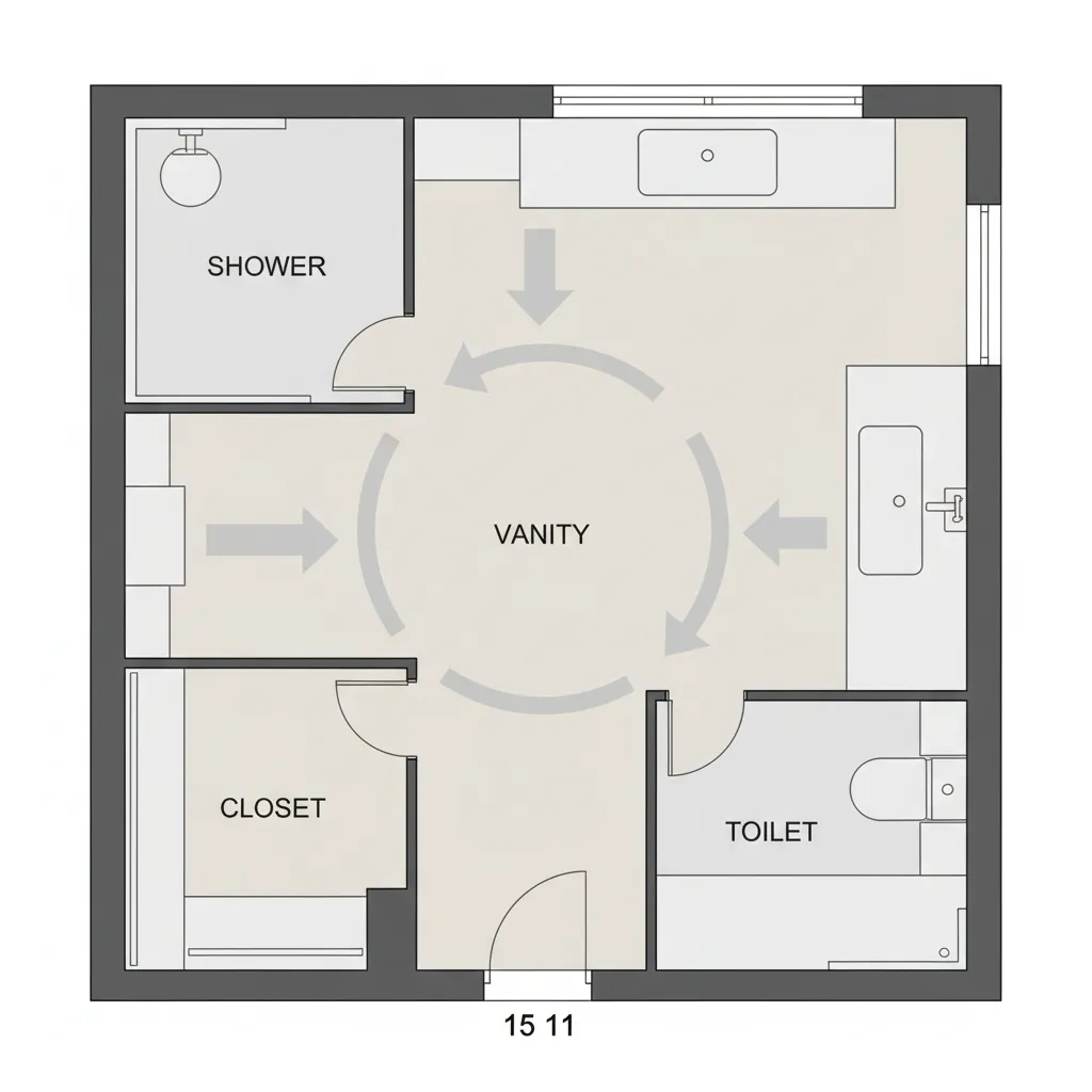 bathroom floor layout showing circulation path between shower vanity and closet