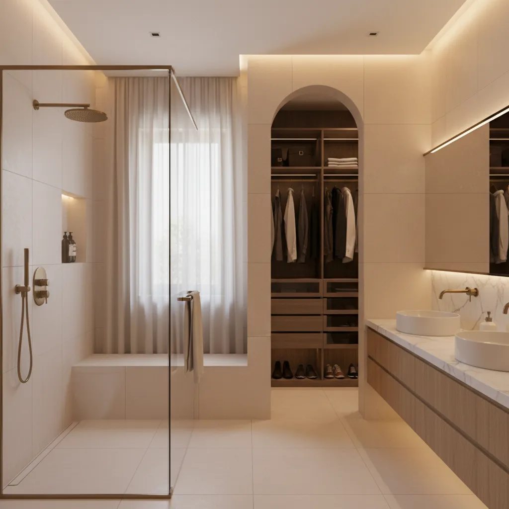 walk in closet located next to bathroom shower showing layout relationship