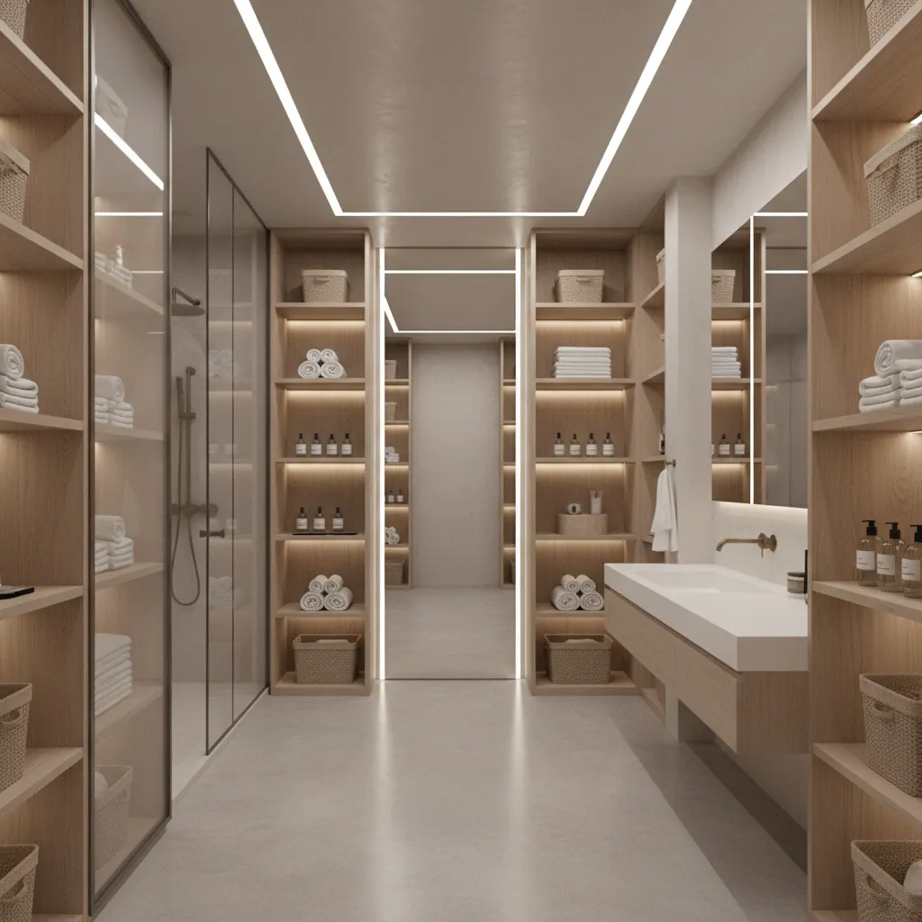 organized bathroom walk in closet layout with shelves and storage zones