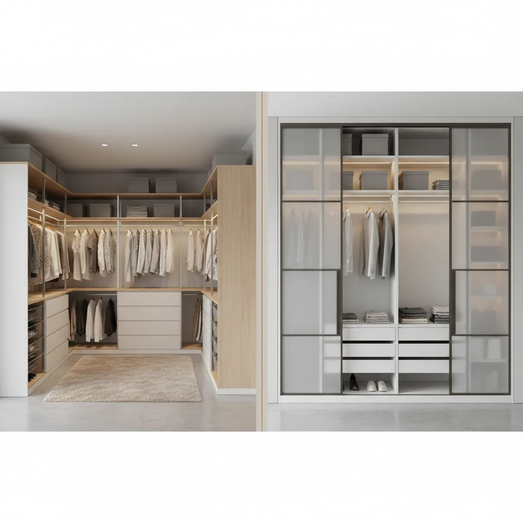 Side by side visual comparison of walk in and reach in closet storage capacity