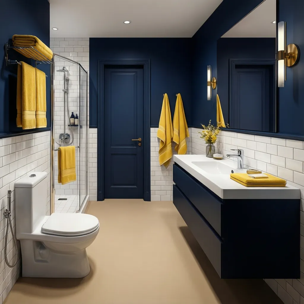 Bathroom design showing navy dominant color with yellow accent elements