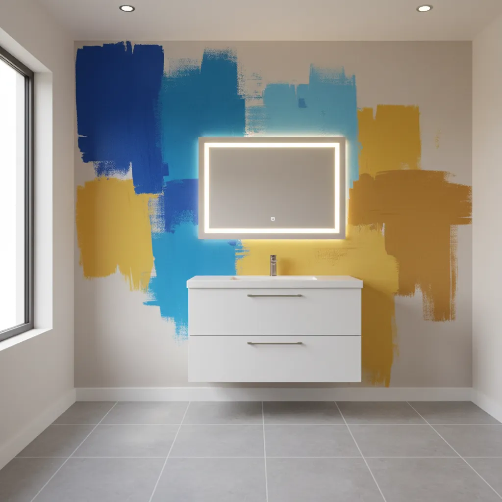 Bathroom wall with large blue and yellow paint test samples next to vanity