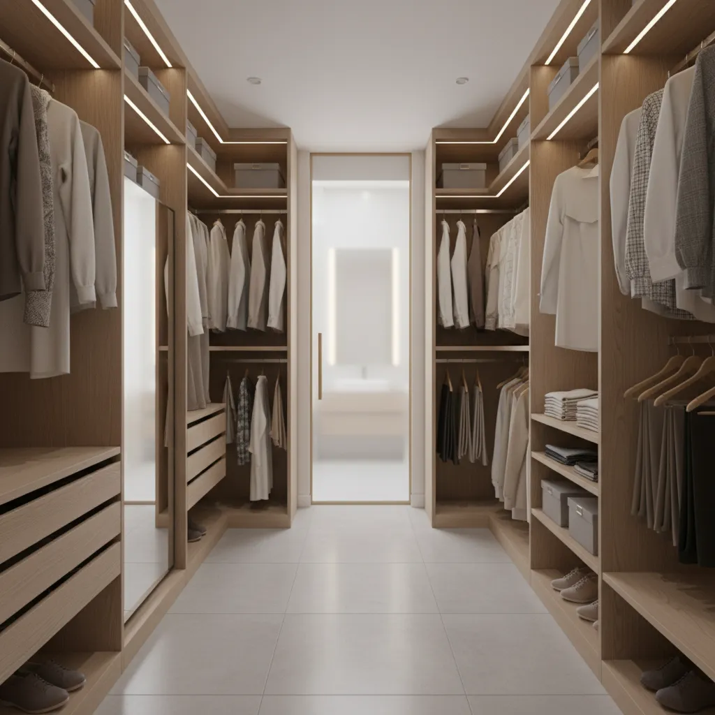Walk in closet located next to a master bathroom with organized shelves and central walkway