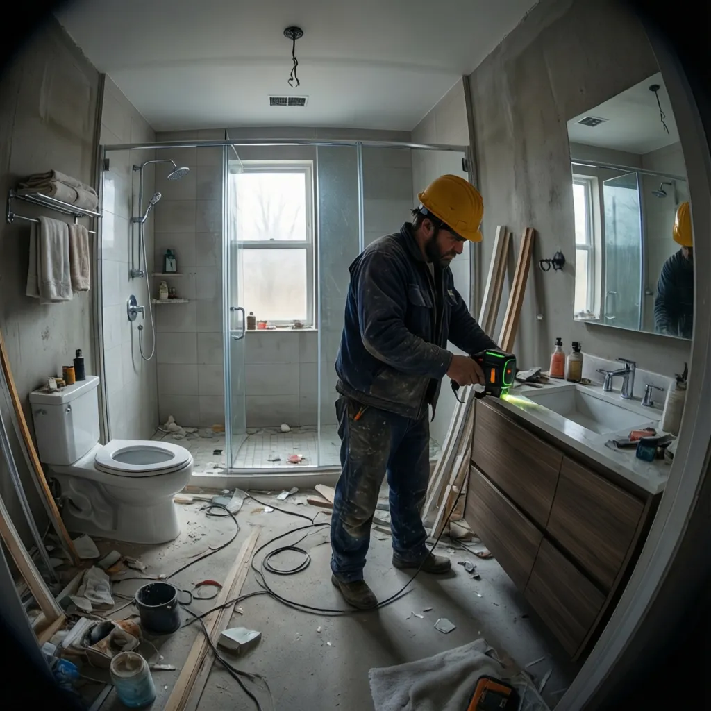 contractor measuring bathroom space during renovation consultation