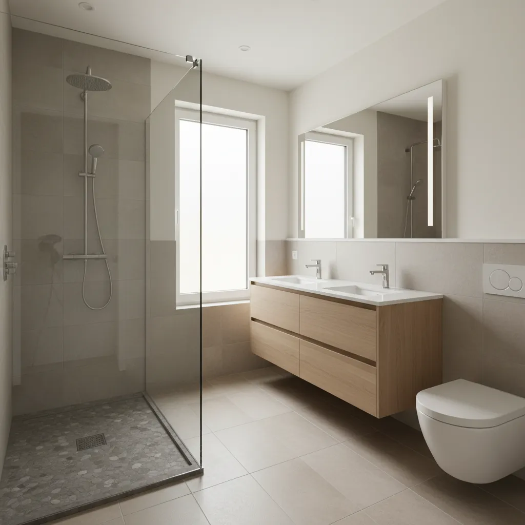 Modern bathroom with glass shower wooden cabinets white toilet large mirror and a bright window