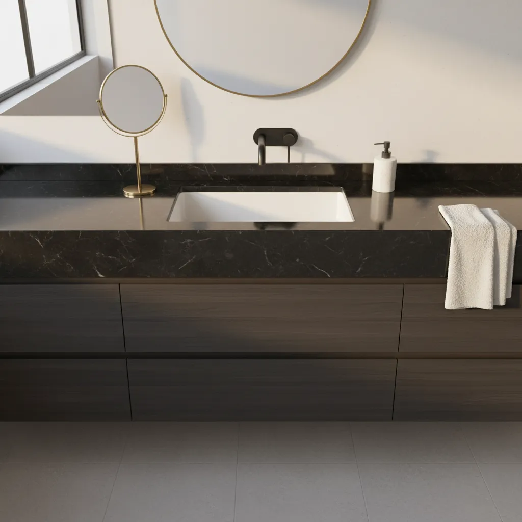 Bathroom vanity with black countertop showing material finish detail