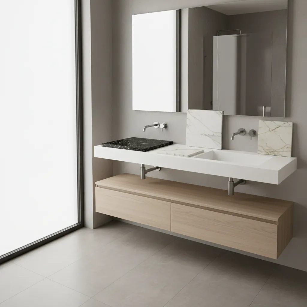 Modern bathroom vanity displaying different countertop material samples