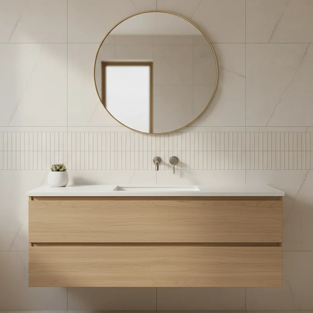 bathroom vanity with dado tile height aligned with countertop