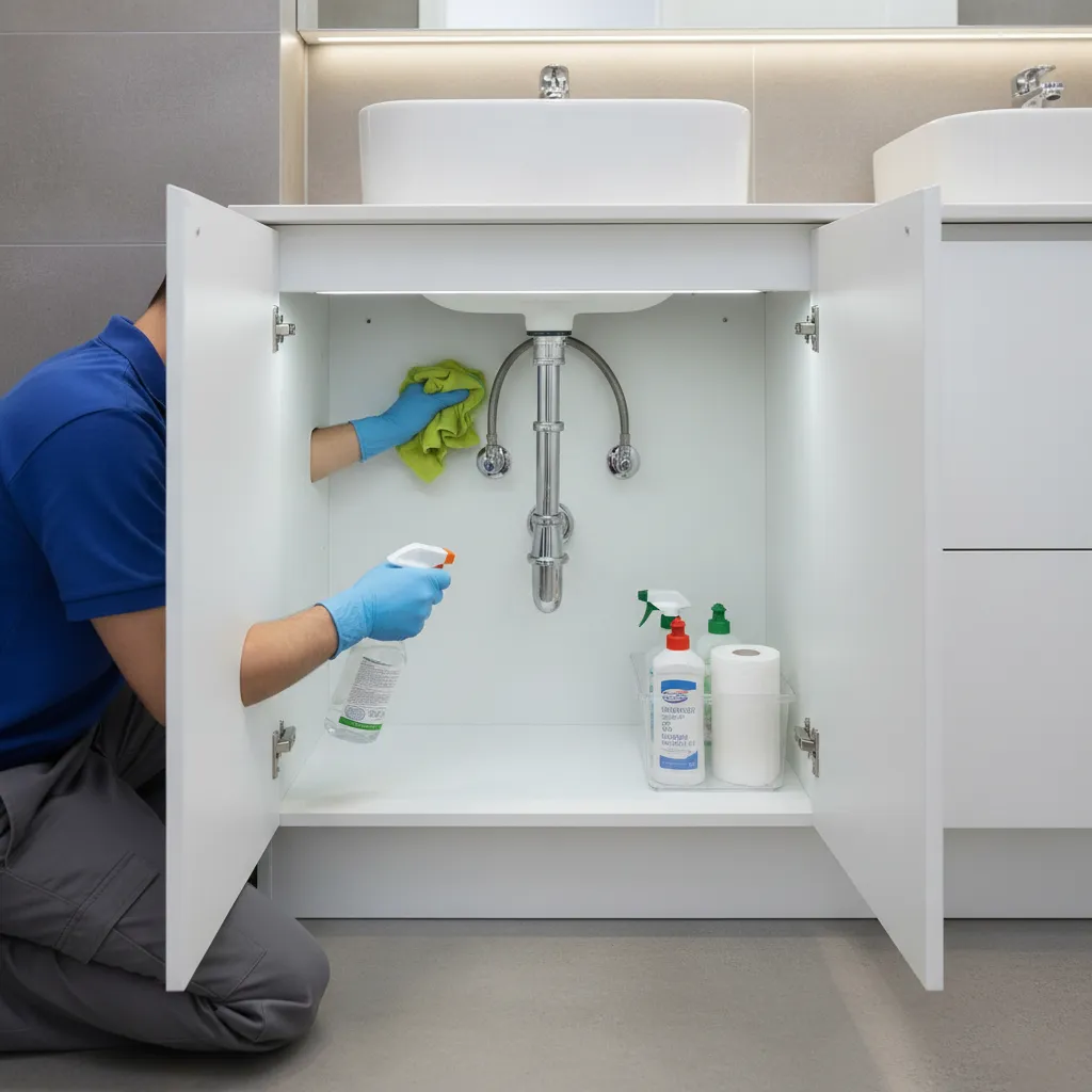 Cleaning professional sanitizing sink cabinet and plumbing area