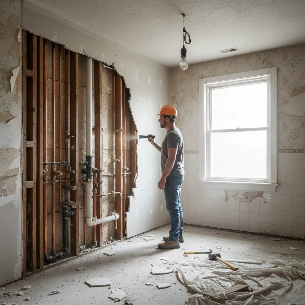 Bathroom renovation demolition revealing plumbing and structural damage