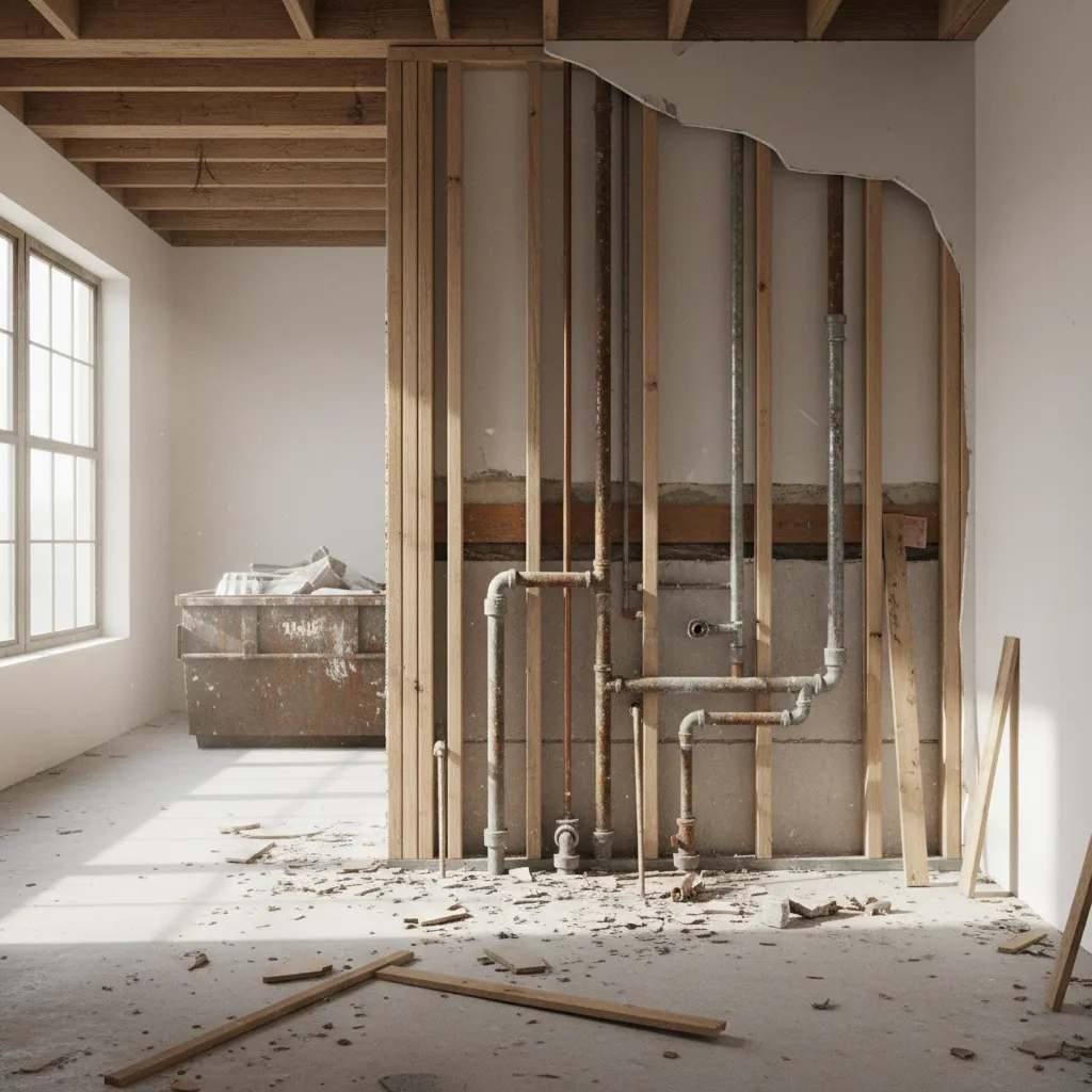 Bathroom demolition revealing old plumbing pipes inside wall