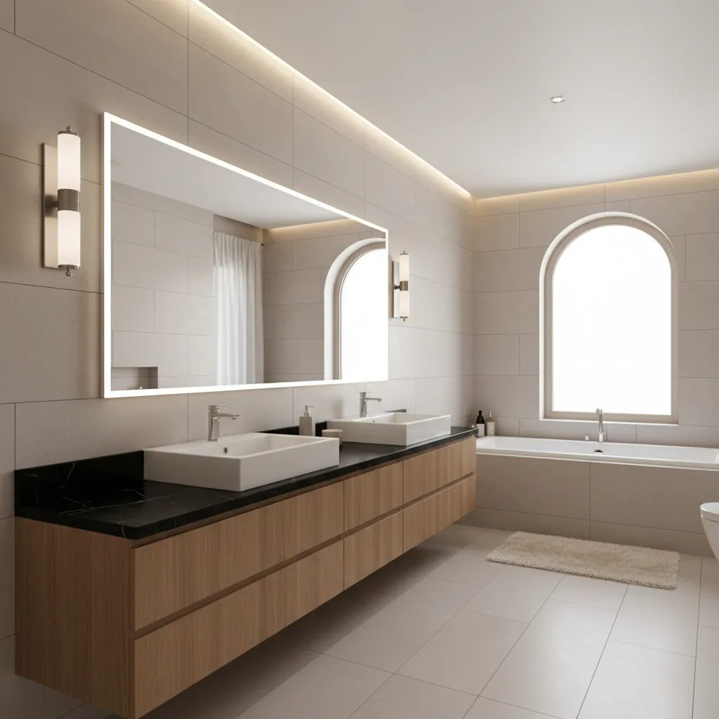 Bathroom design showing black countertop vanity with layered lighting
