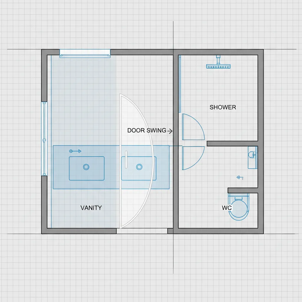 Bathroom layout showing door swing conflict with vanity in design software
