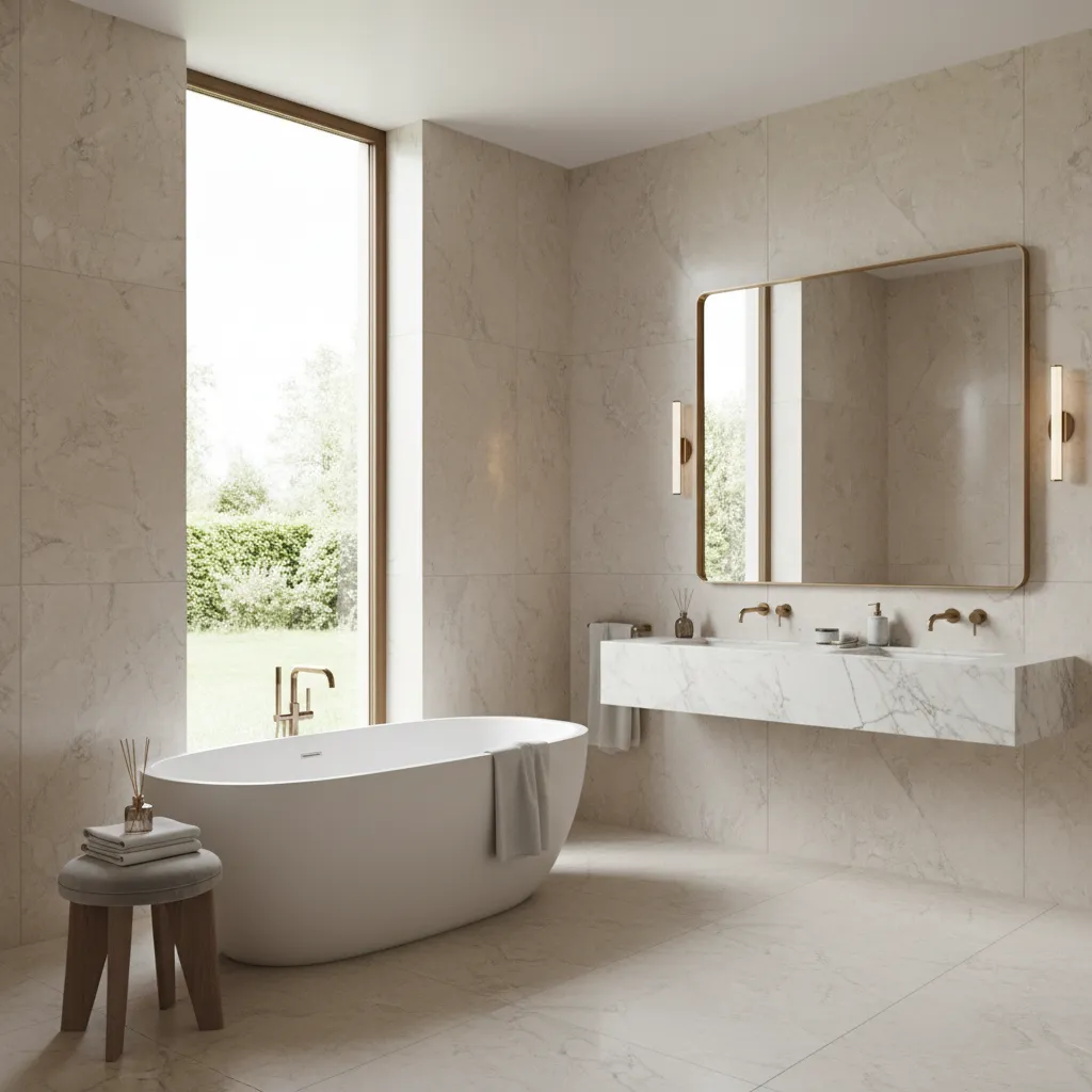 Bright marble bathroom with white bathtub window floating marble vanity gold taps and large mirror