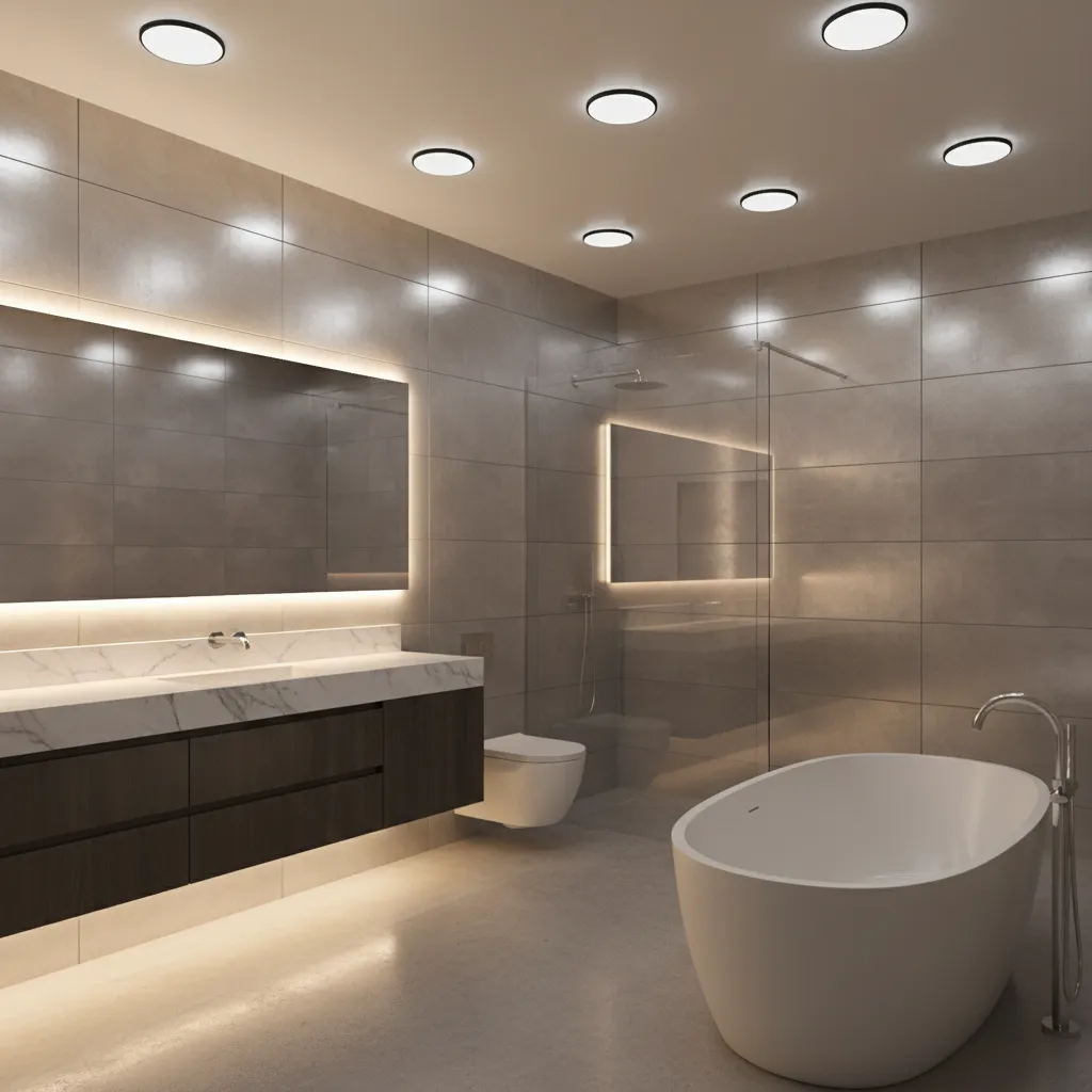 bathroom with diffused LED lighting and reflective metallic finishes