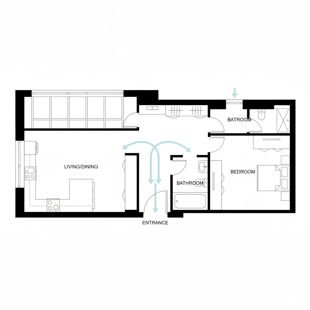 Floor plan diagram showing alignment between entrance door and bathroom door