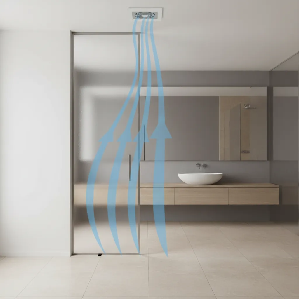 Bathroom door with gap underneath allowing airflow for exhaust fan ventilation