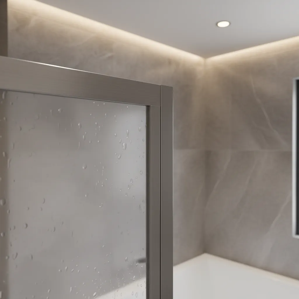 bathroom glass shower door frame corner showing moisture prone area