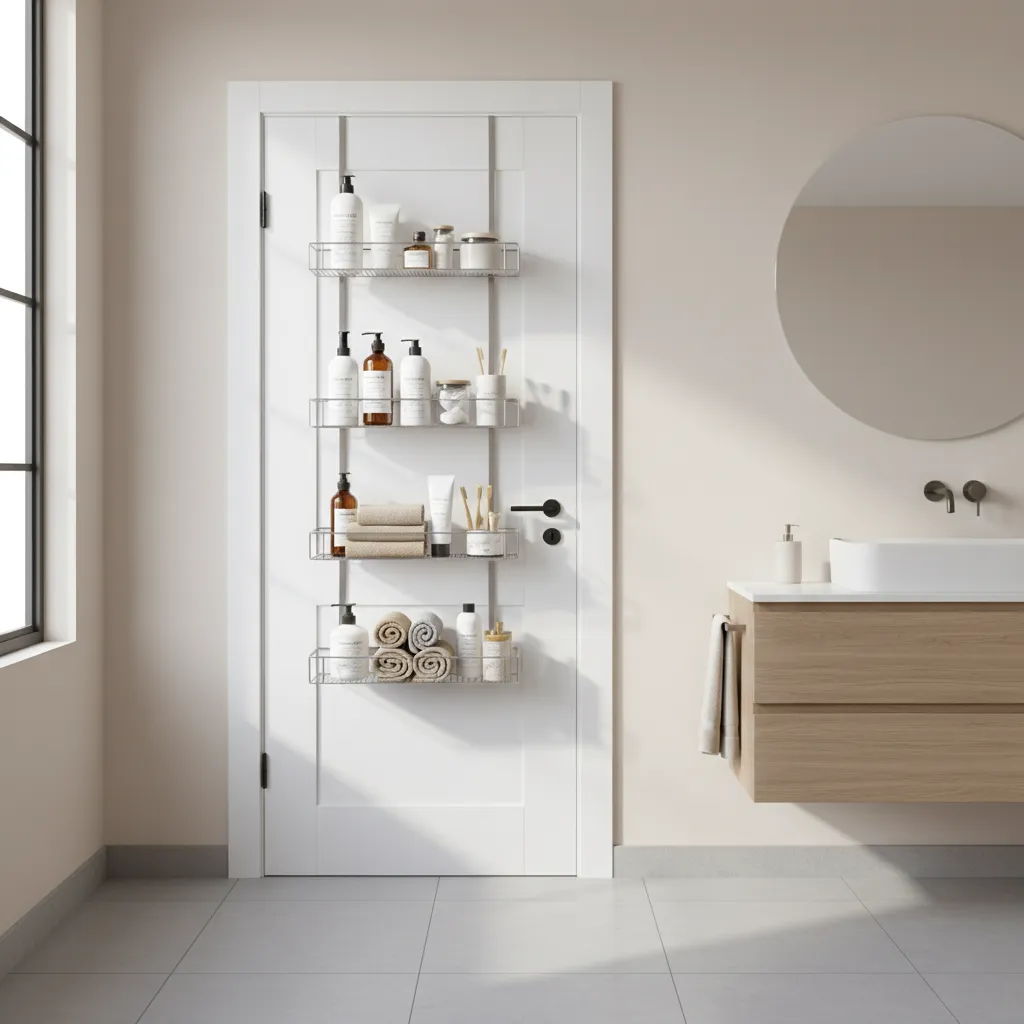Over the door bathroom organizer installed on white interior door with toiletries