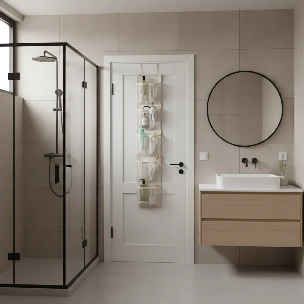 Slim hanging organizer on bathroom door for toiletries