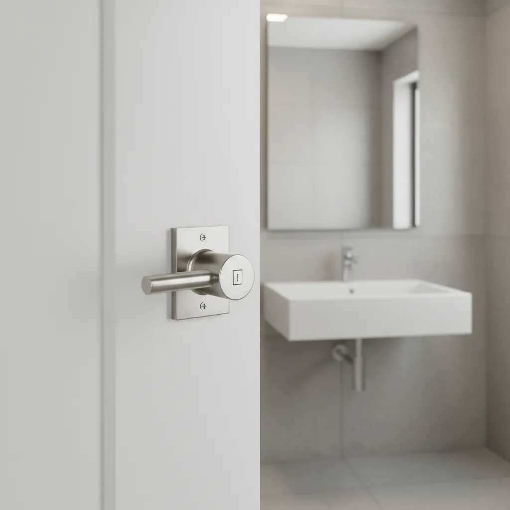 modern bathroom door with privacy lock hardware close up