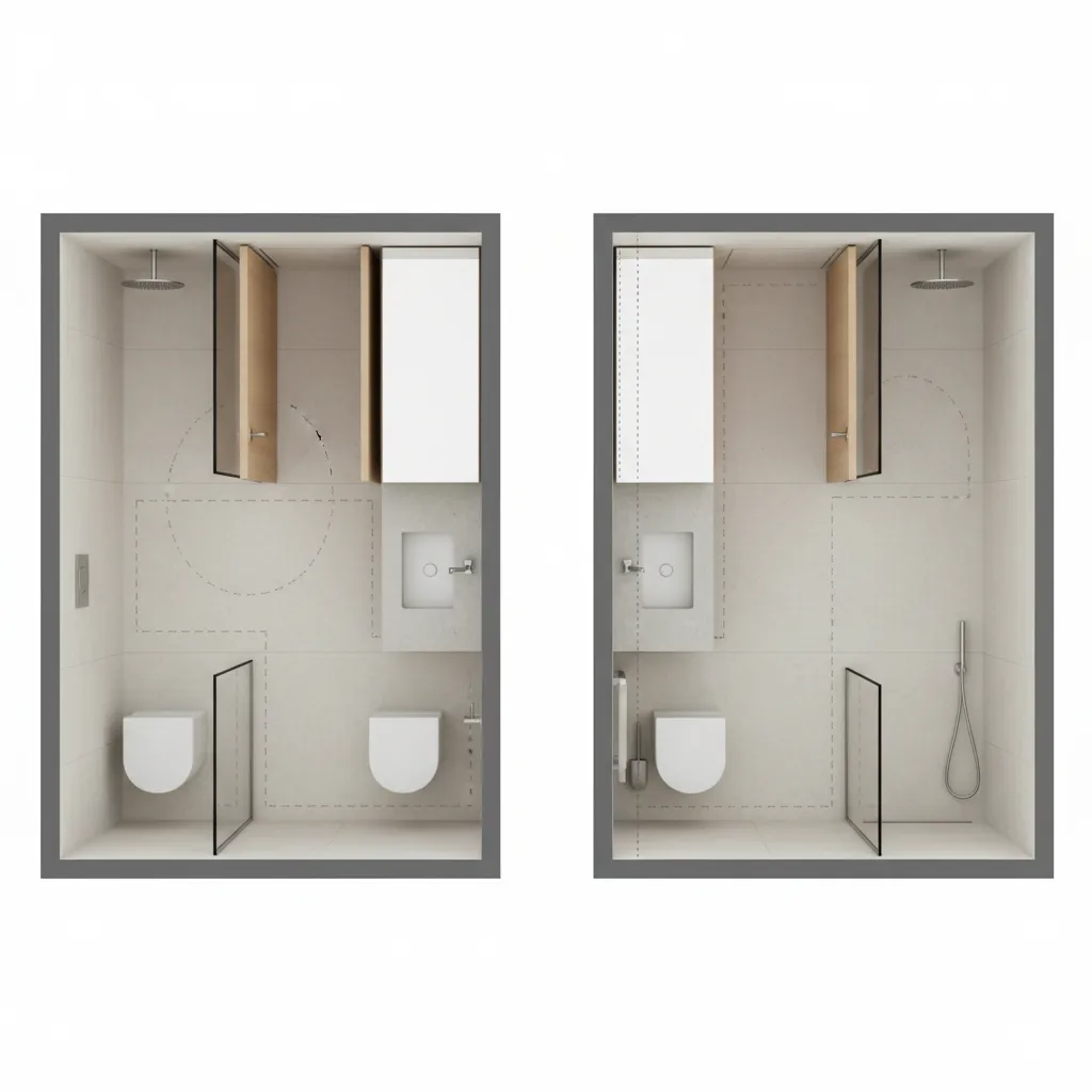 Comparison of inward swinging door vs pocket door in a small bathroom