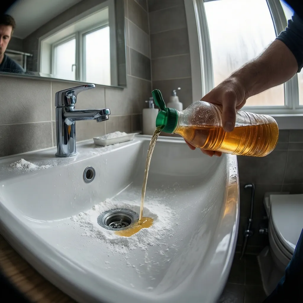 homeowner performing bathroom drain maintenance using natural cleaning solution