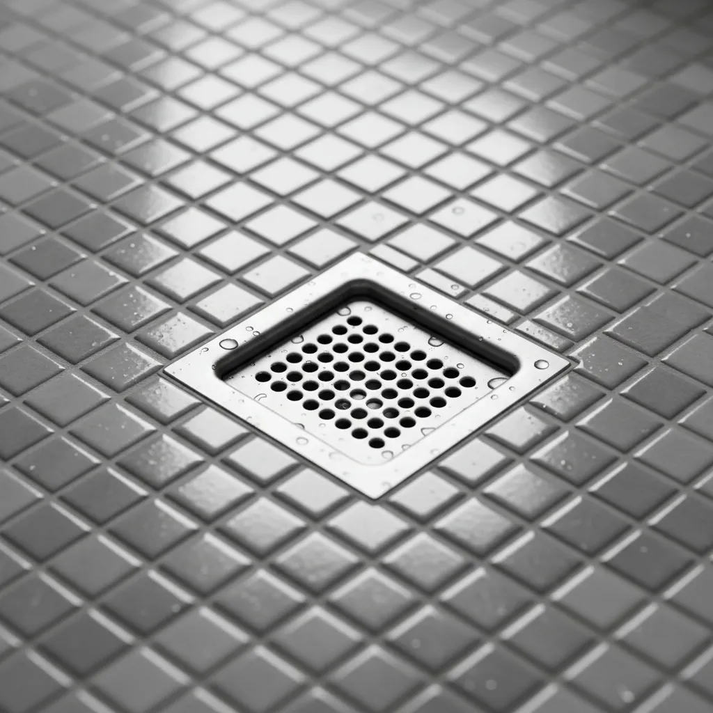 close up of bathroom floor drain with protective mesh cover preventing mosquito breeding
