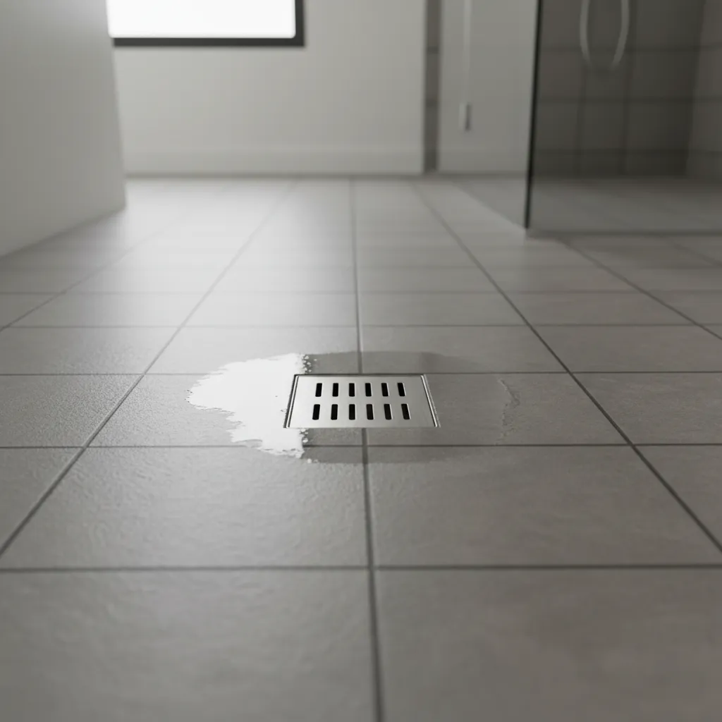 Close view of bathroom floor drain showing moisture conditions where pests breed