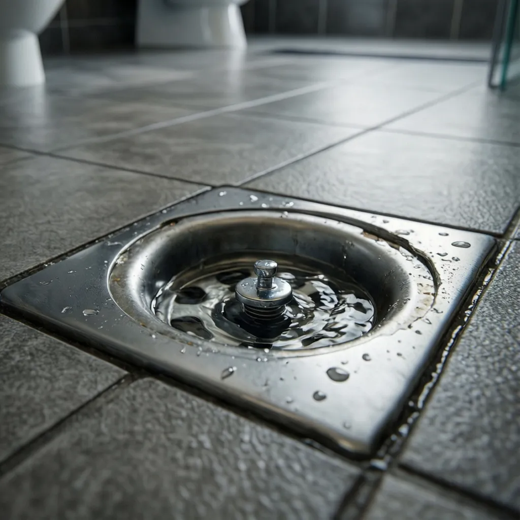 bathroom floor drain with standing water that can attract mosquitoes