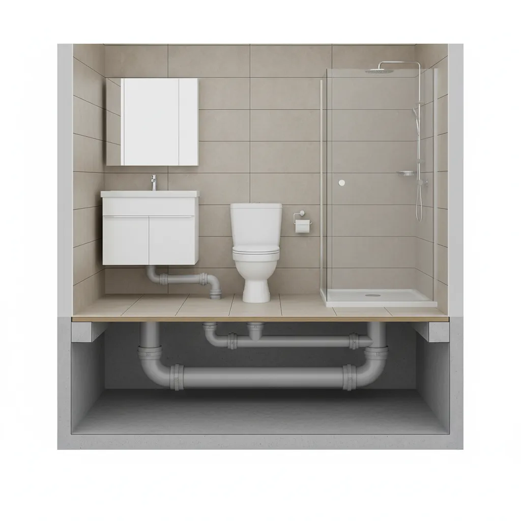 bathroom plumbing layout showing horizontal drain pipe connecting sink and shower