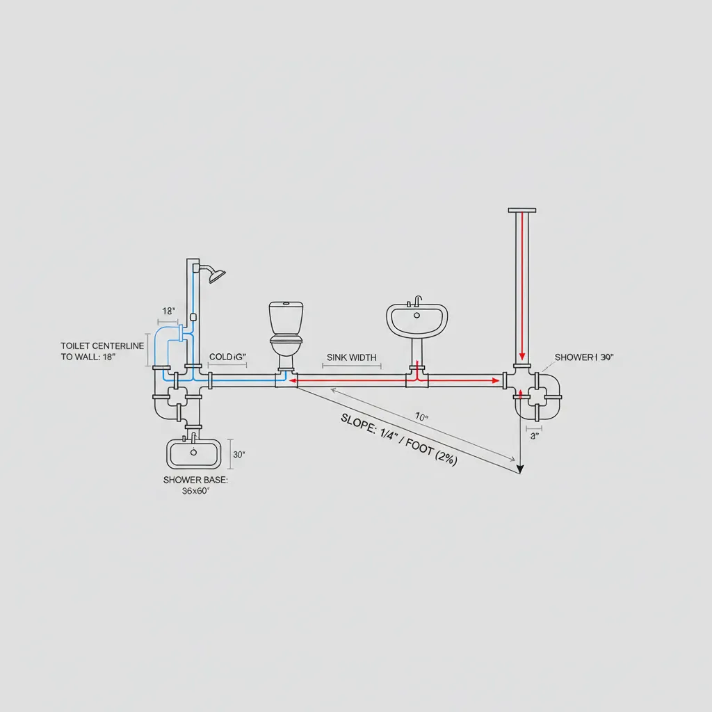 Diagram showing correct slope for horizontal bathroom drain pipes