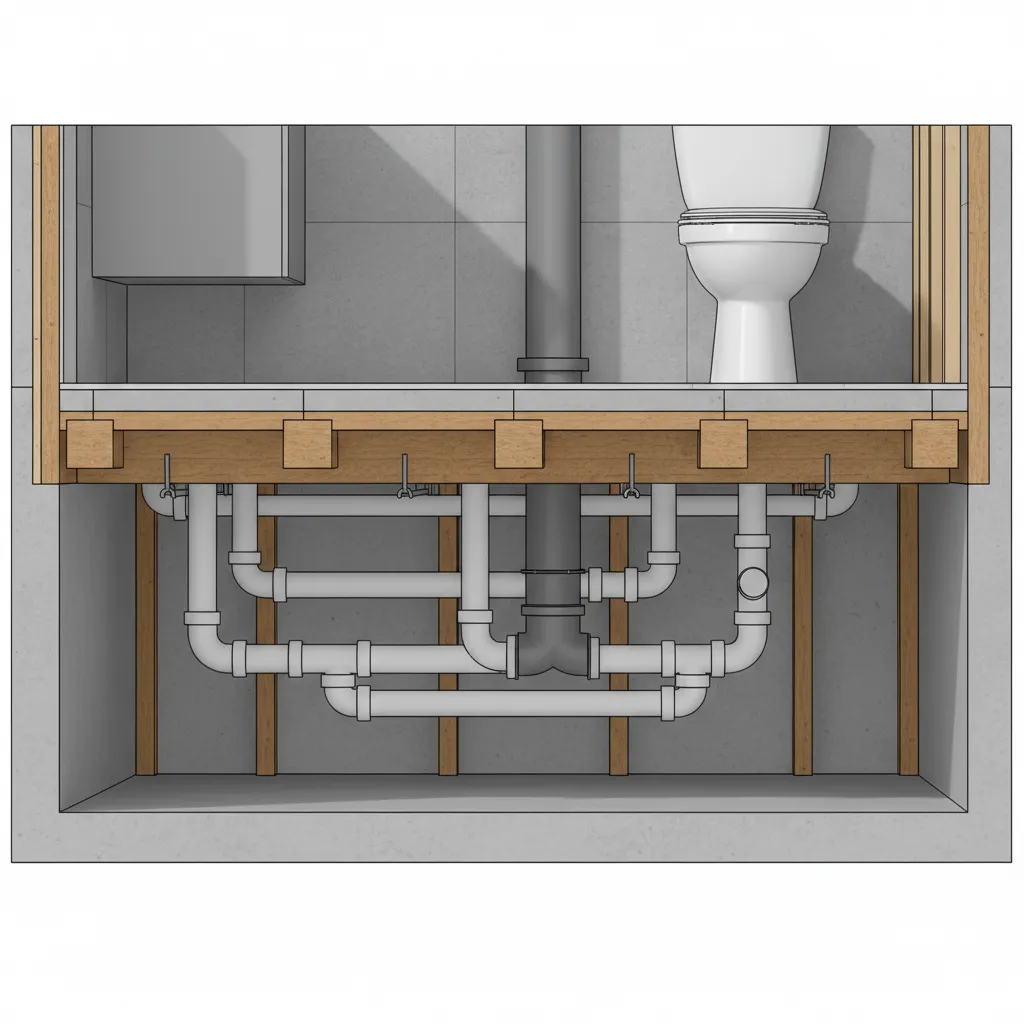 Interior design drawing showing a bathroom drainage pipe layout underneath a toilet and floor structure