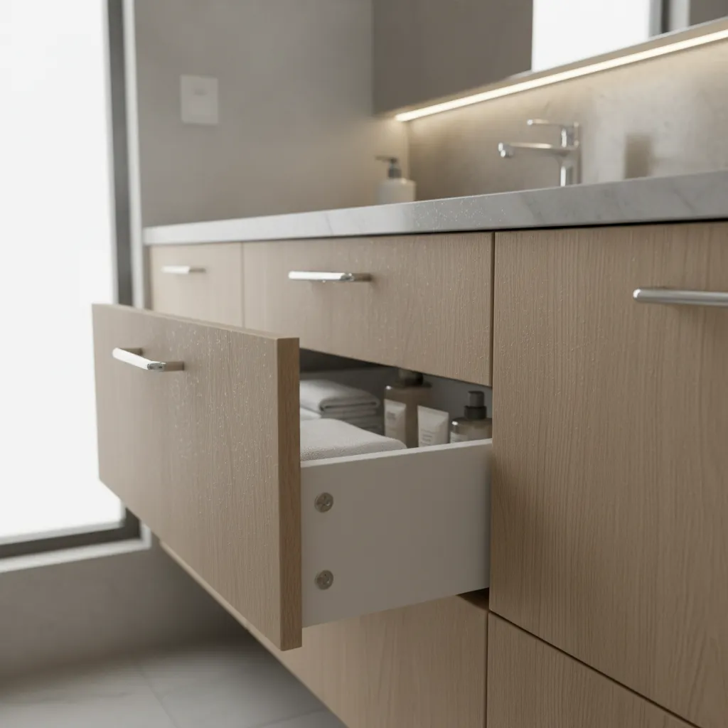bathroom vanity drawer showing moisture condensation problem