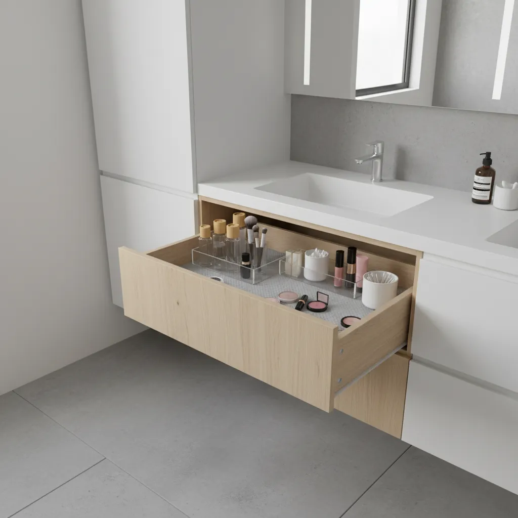 Bathroom drawer with removable shelf liner holding toiletries