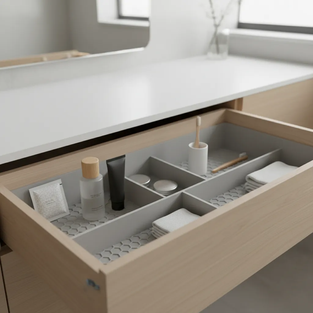 organized bathroom drawer with moisture absorber and liner