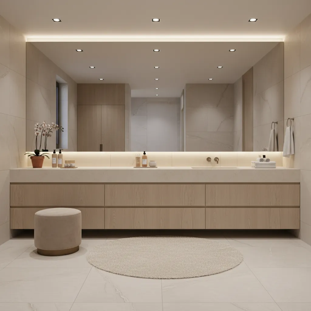 Bathroom dressing area with cohesive materials and continuous countertop