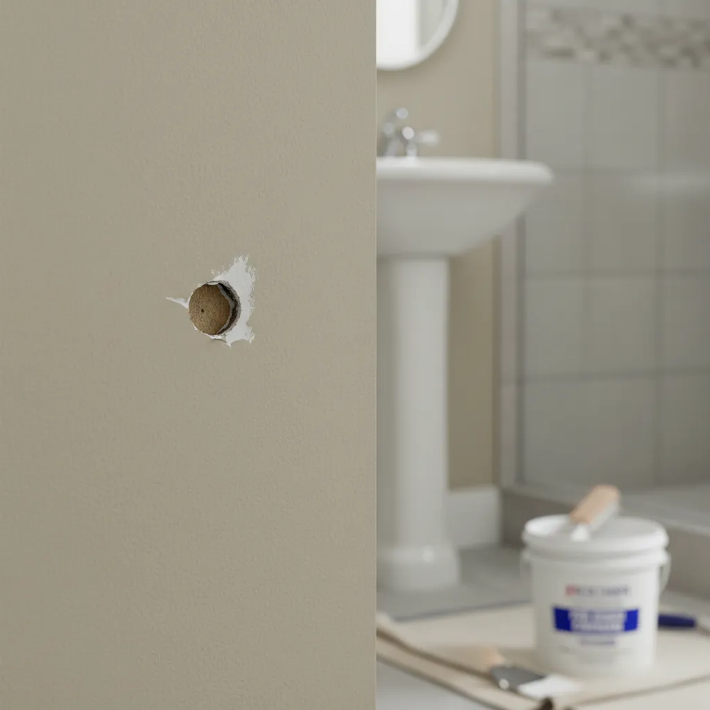 Small hole in painted bathroom drywall before patch repair