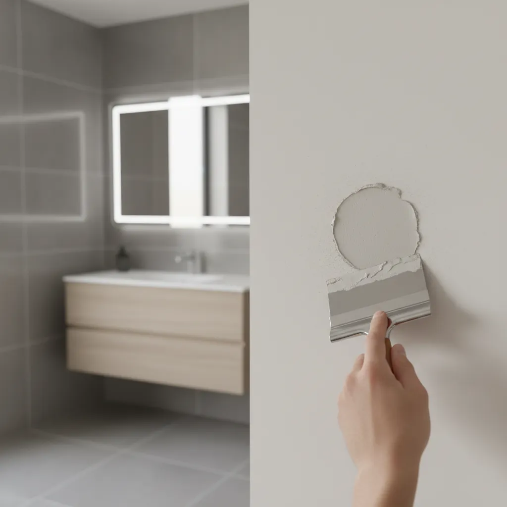 repairing a small hole in a bathroom drywall surface with patch compound