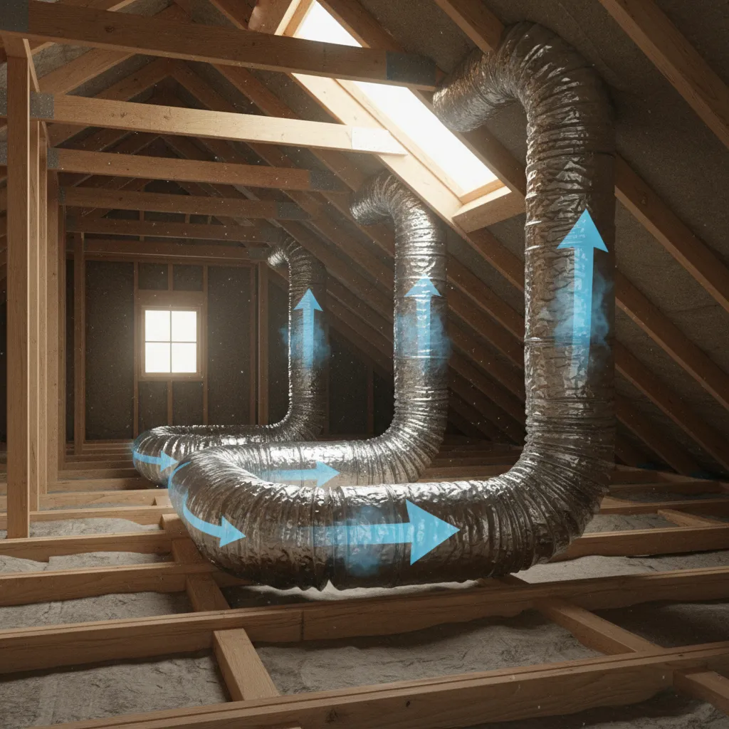 Example of bathroom exhaust duct with multiple bends reducing airflow