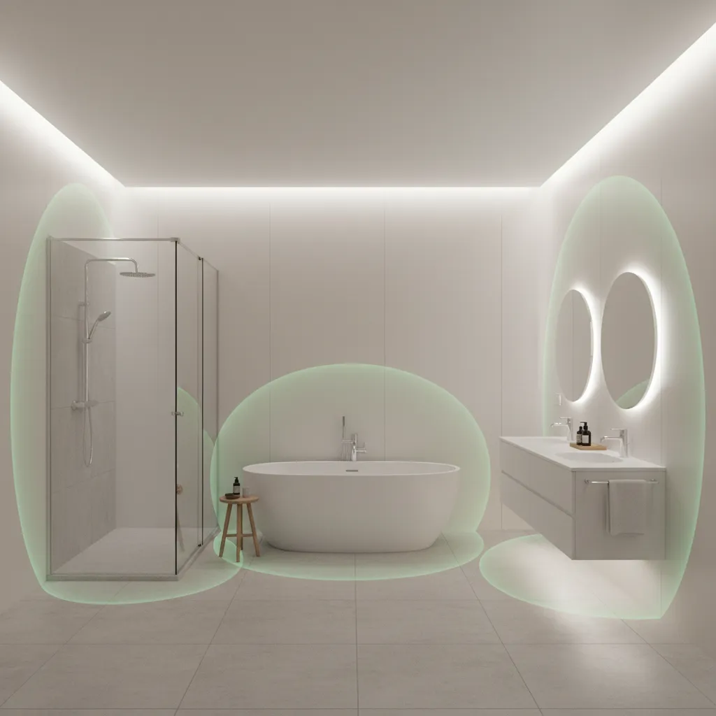Bathroom electrical safety zones with shower and sink areas illustrated