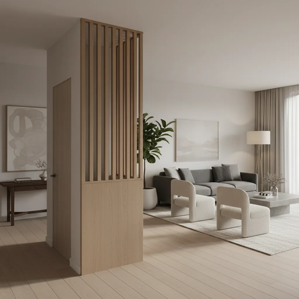 Apartment entryway with partial wall hiding bathroom door from direct view