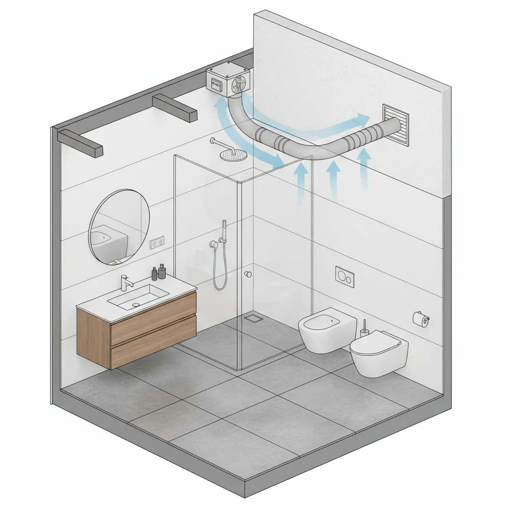 bathroom exhaust fan duct layout venting outdoors diagram