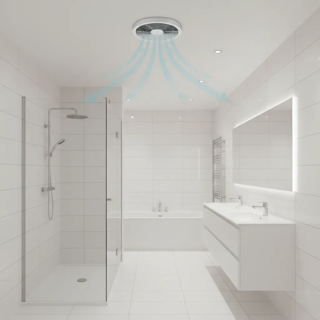 Bathroom ventilation fan placement showing airflow removing humidity