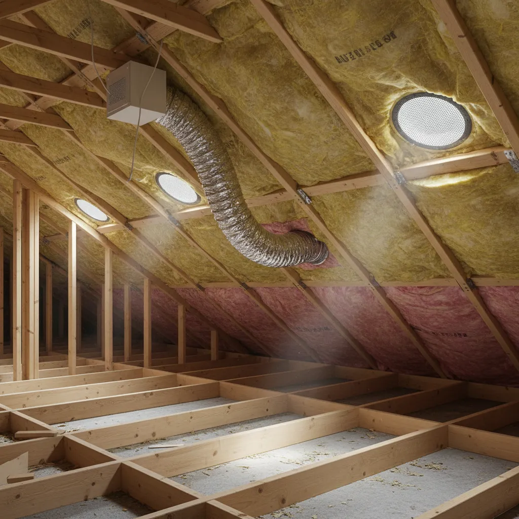 Bathroom exhaust fan duct running through attic insulation toward exterior vent