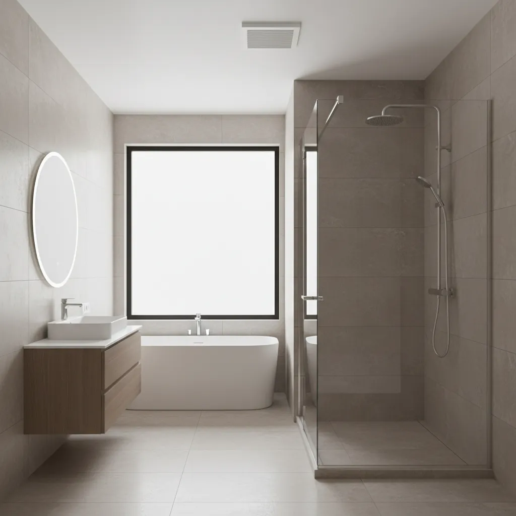 Ceiling mounted bathroom exhaust fan in modern residential bathroom